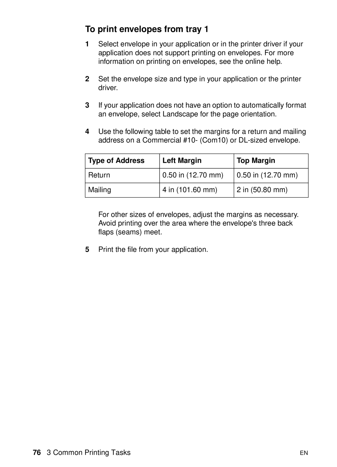 HP 8000 s manual To print envelopes from tray, Type of Address Left Margin Top Margin 