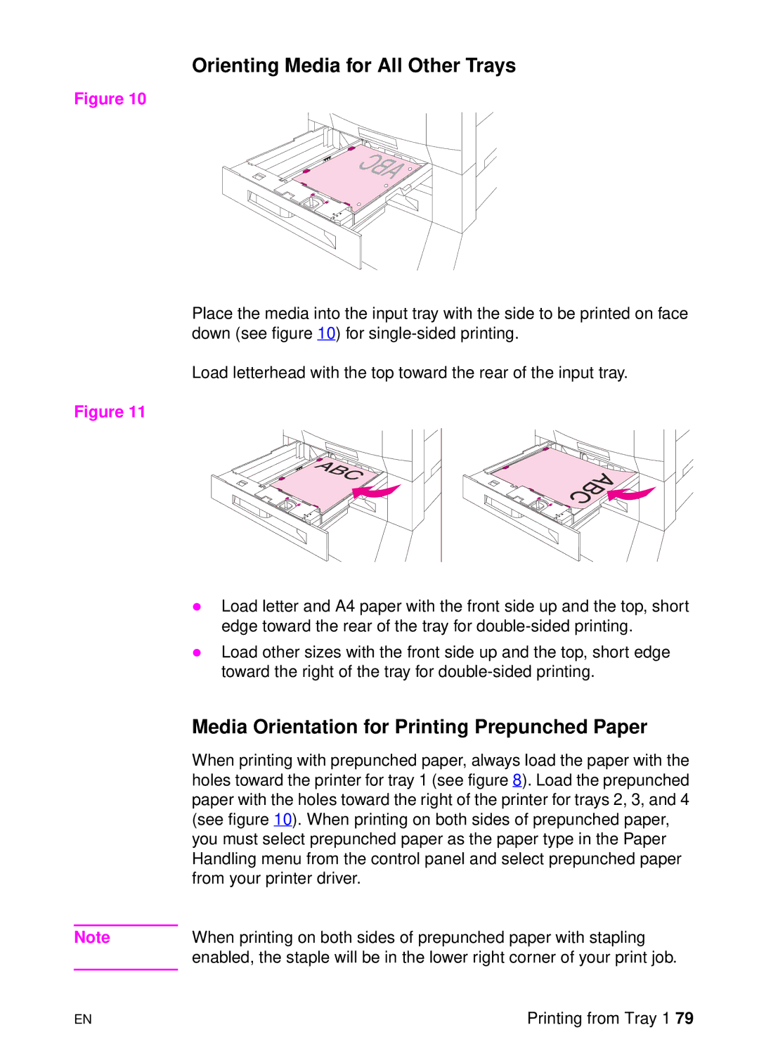 HP 8000 s manual Orienting Media for All Other Trays, Media Orientation for Printing Prepunched Paper 