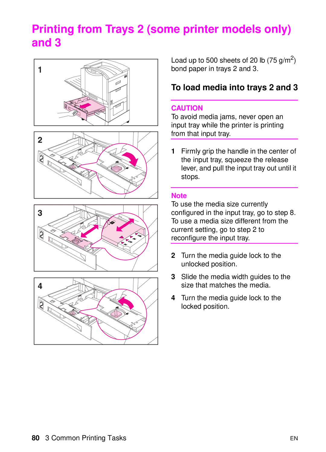 HP 8000 s manual Printing from Trays 2 some printer models only, To load media into trays 2 