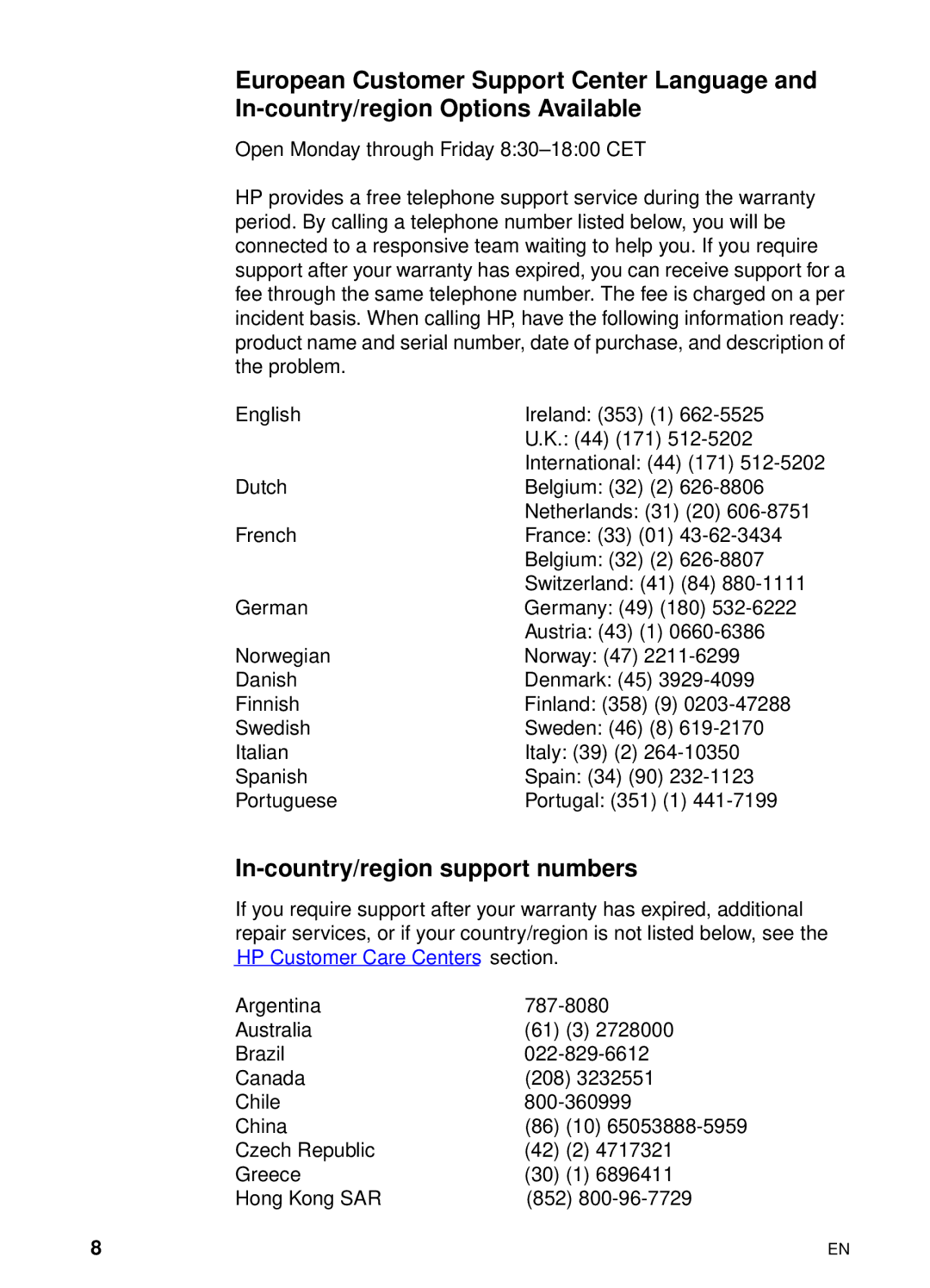 HP 8000 s manual In-country/region support numbers 