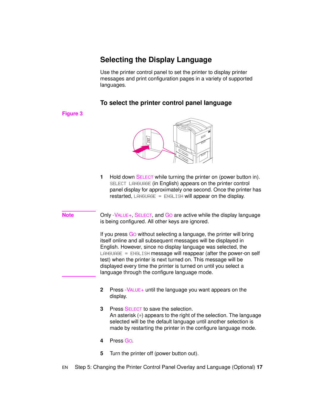 HP 8000 s manual Selecting the Display Language, To select the printer control panel language 