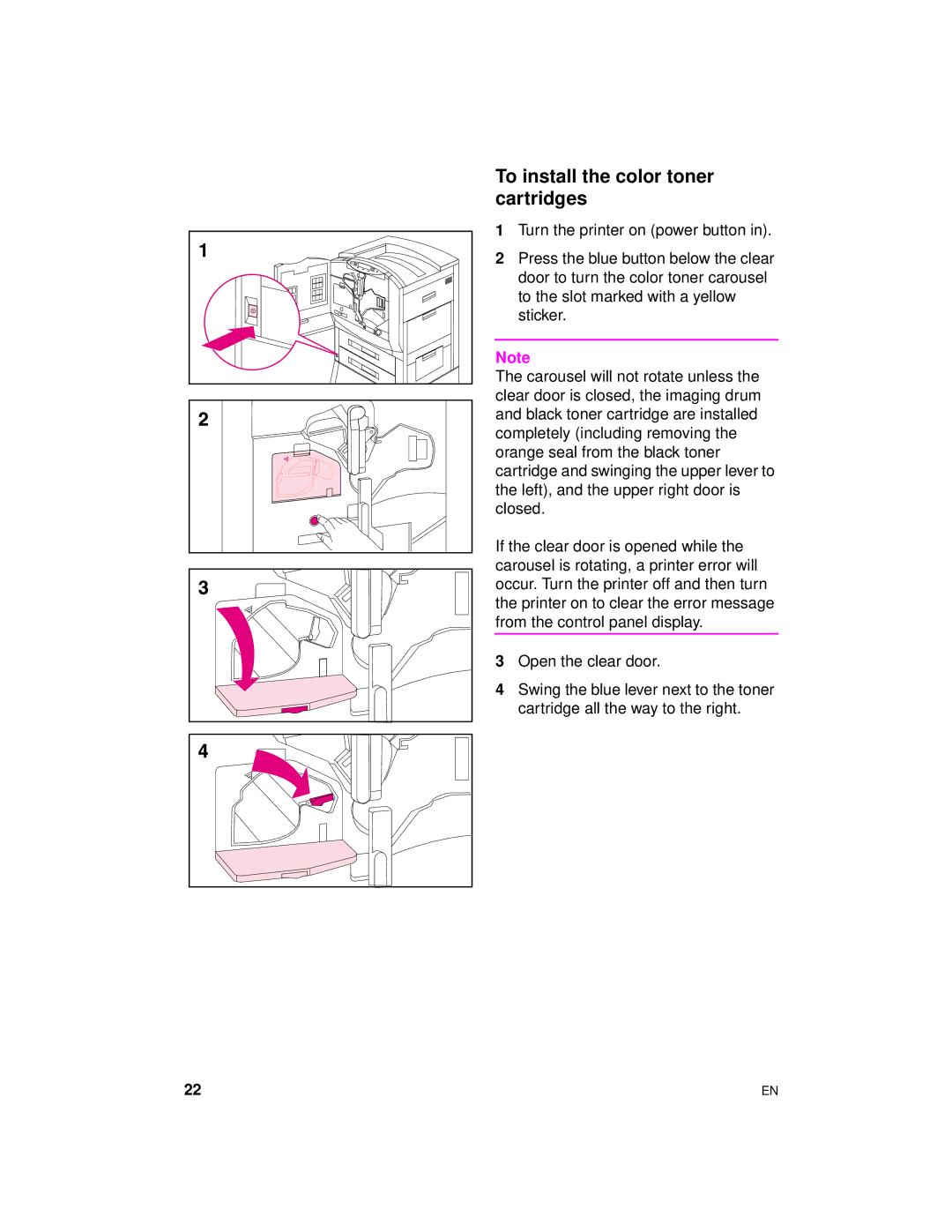 HP 8000 s manual To install the color toner cartridges 