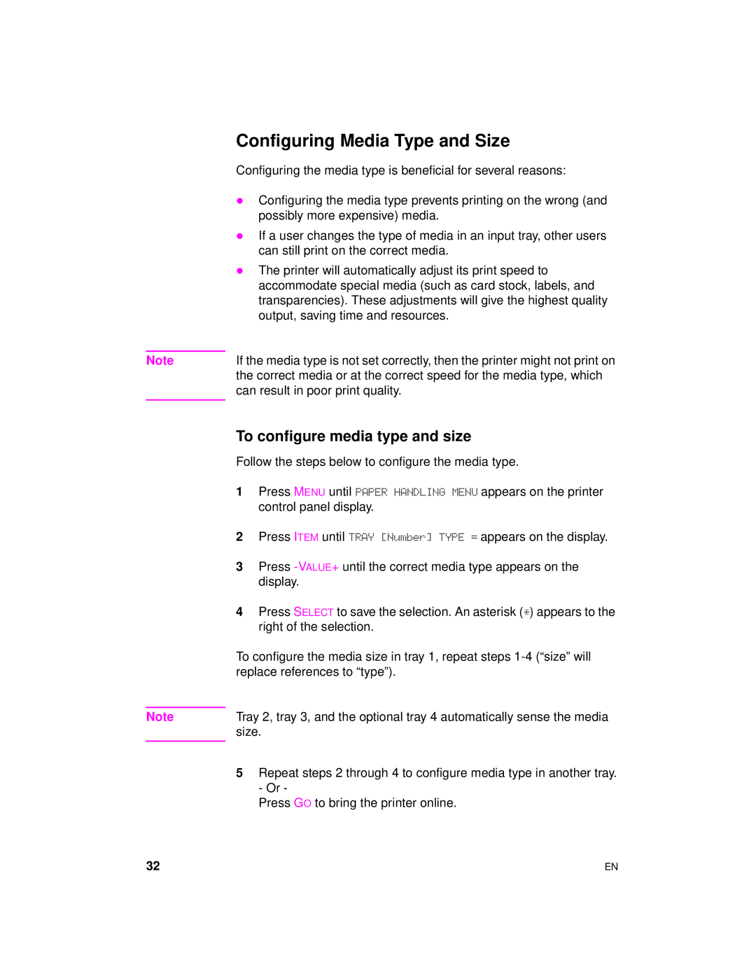 HP 8000 s manual Configuring Media Type and Size, To configure media type and size 