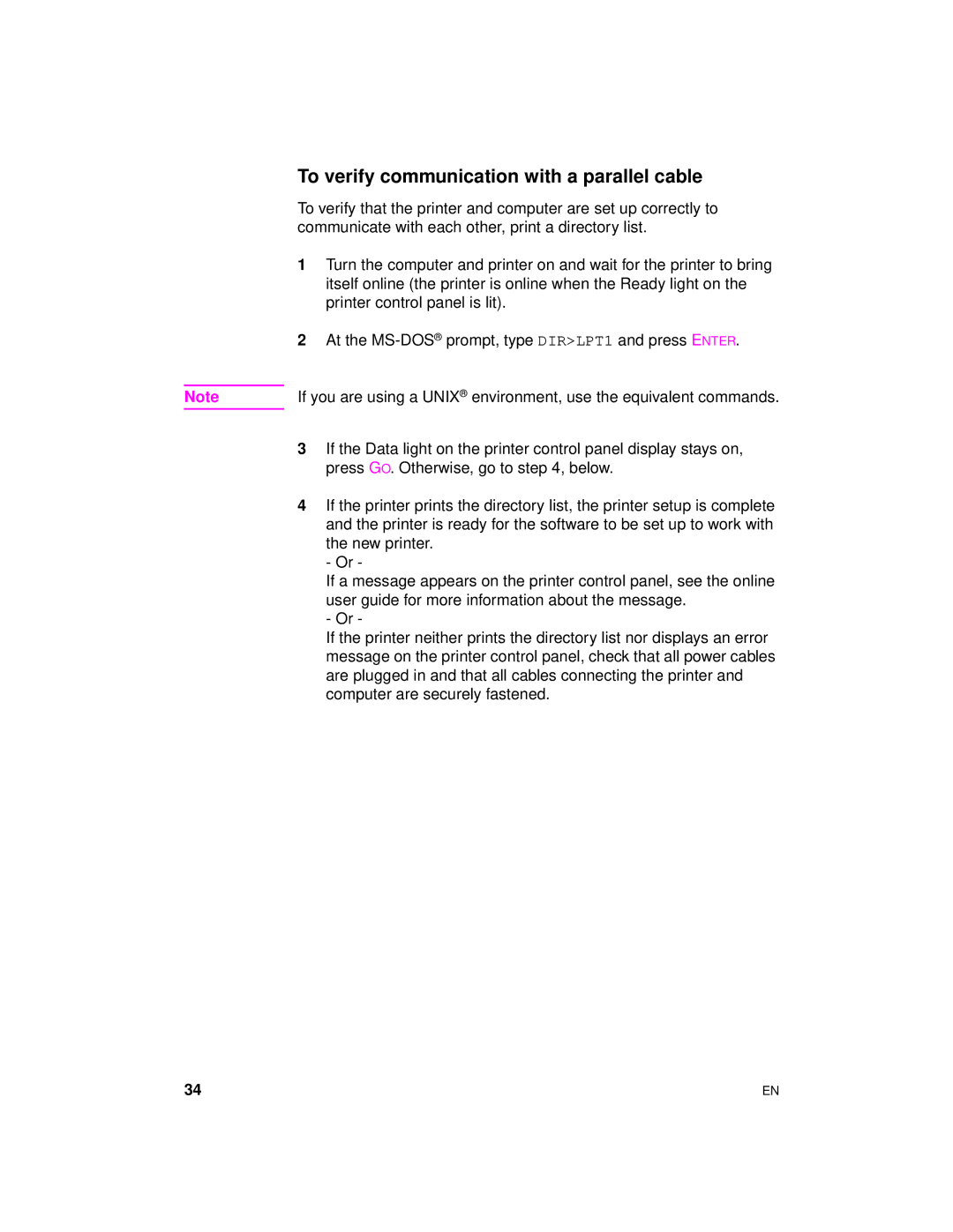 HP 8000 s manual To verify communication with a parallel cable 