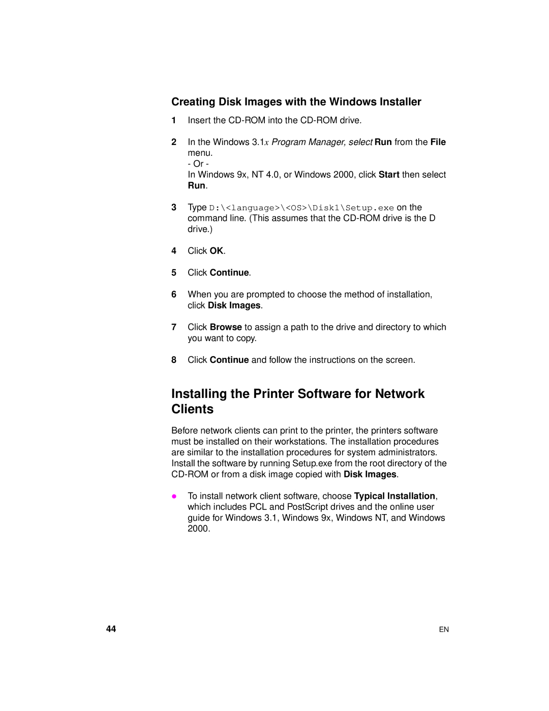 HP 8000 s manual Installing the Printer Software for Network Clients, Creating Disk Images with the Windows Installer 