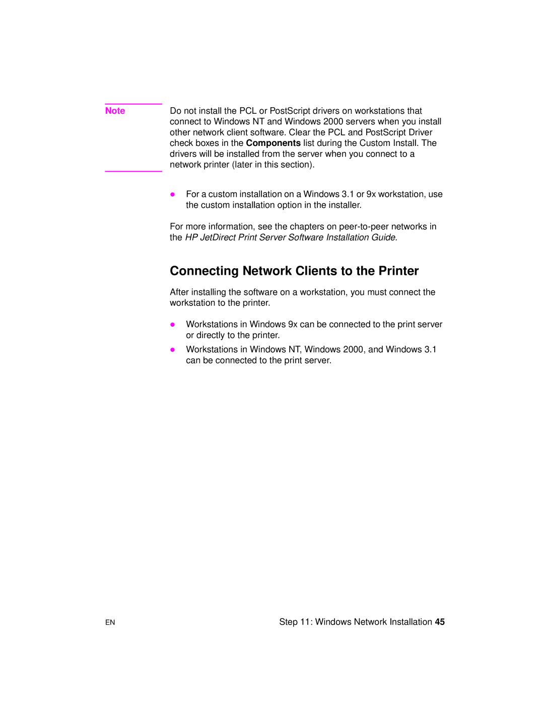 HP 8000 s manual Connecting Network Clients to the Printer 