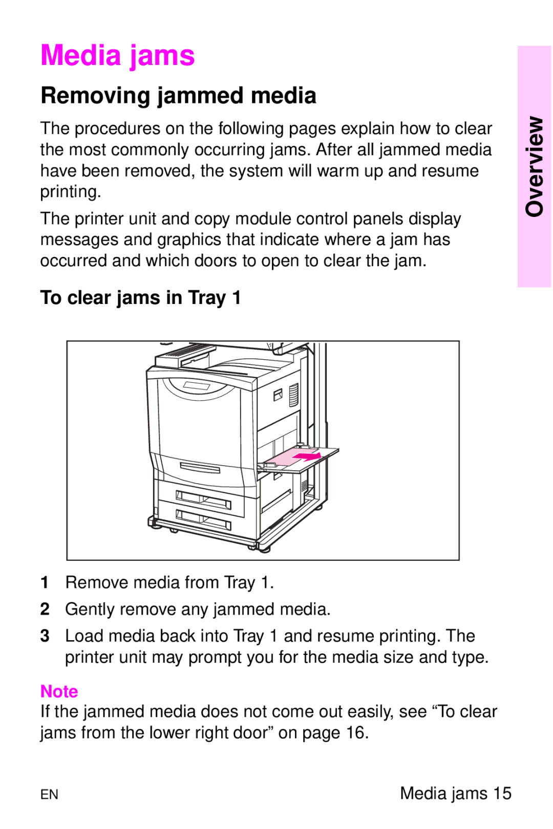 HP 8000 s manual Media jams, Removing jammed media, To clear jams in Tray 