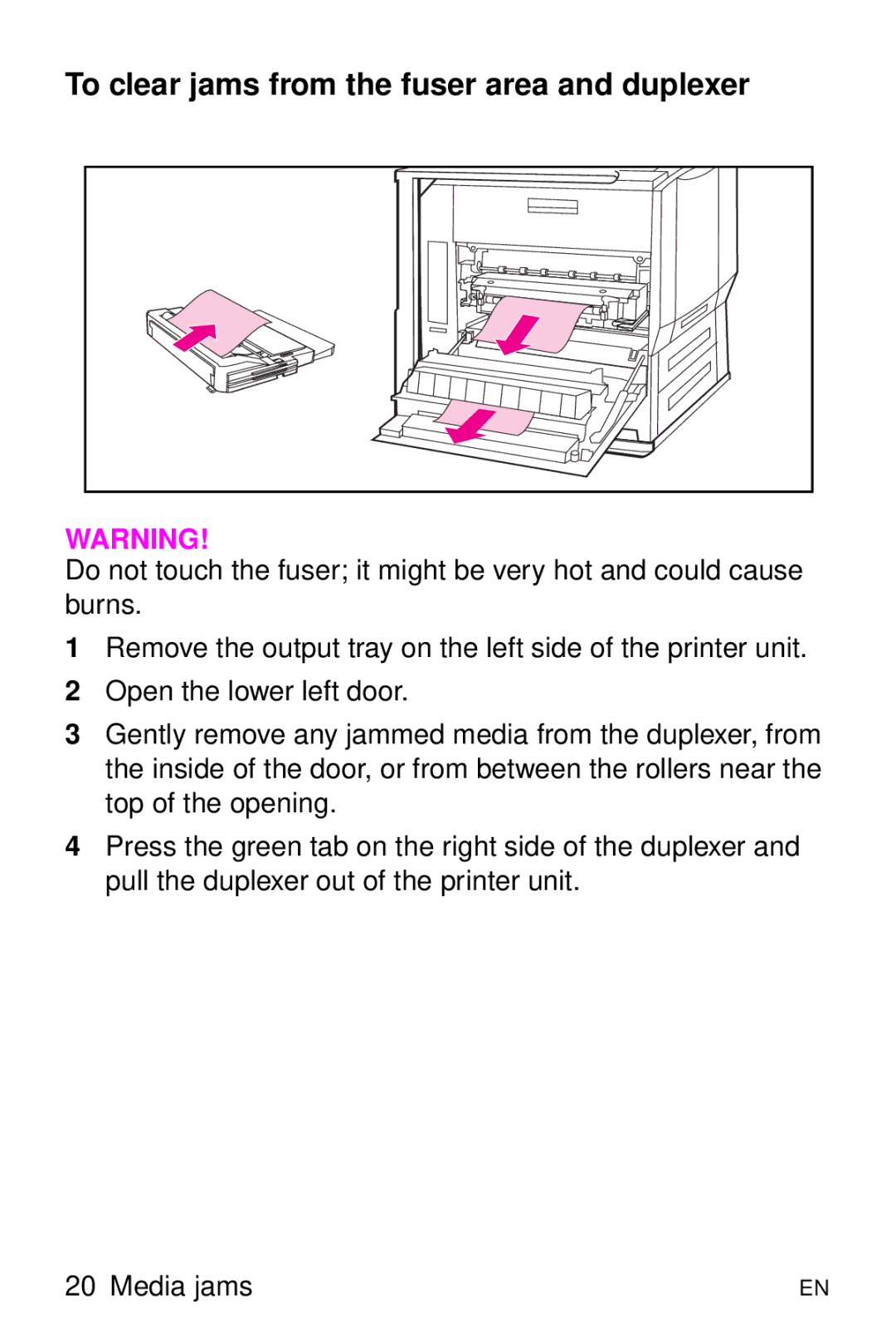 HP 8000 s manual To clear jams from the fuser area and duplexer 