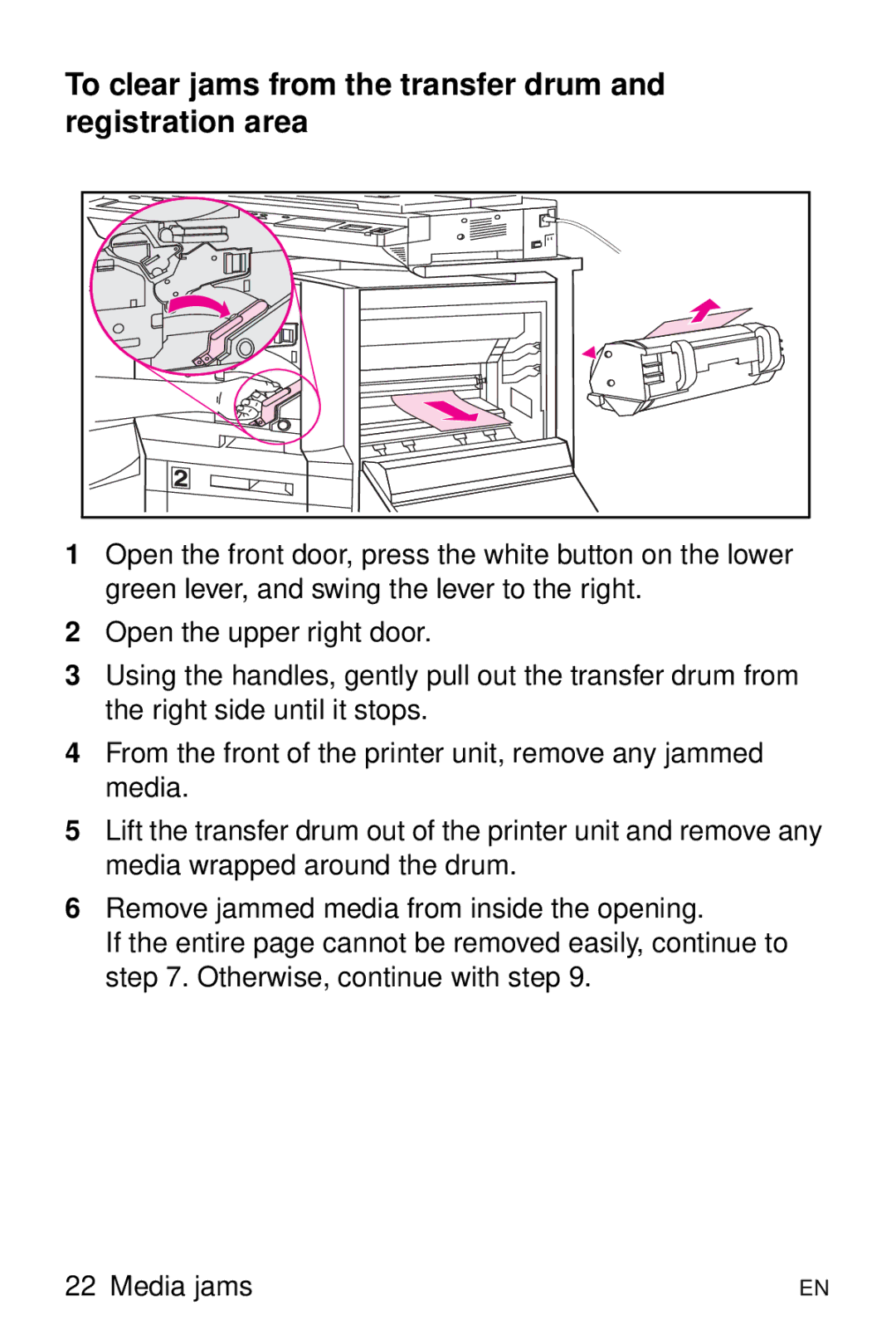 HP 8000 s manual To clear jams from the transfer drum and registration area 