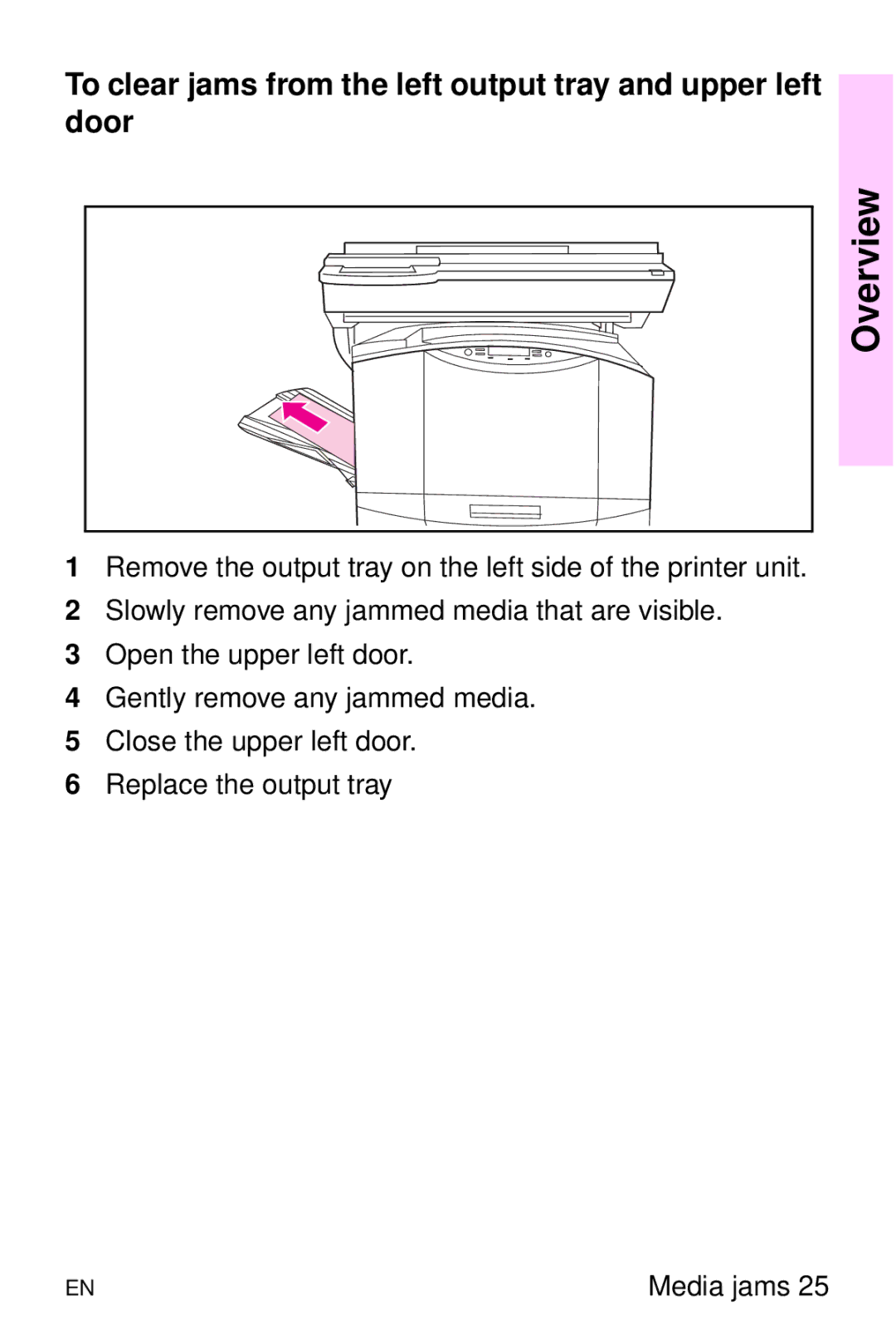 HP 8000 s manual To clear jams from the left output tray and upper left door 