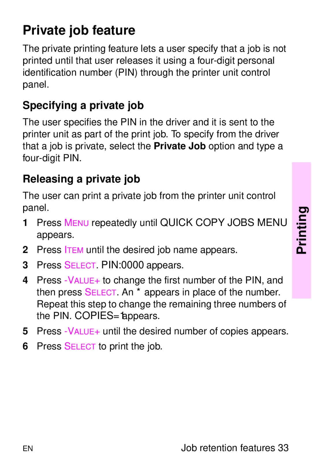 HP 8000 s manual Private job feature, Specifying a private job, Releasing a private job 