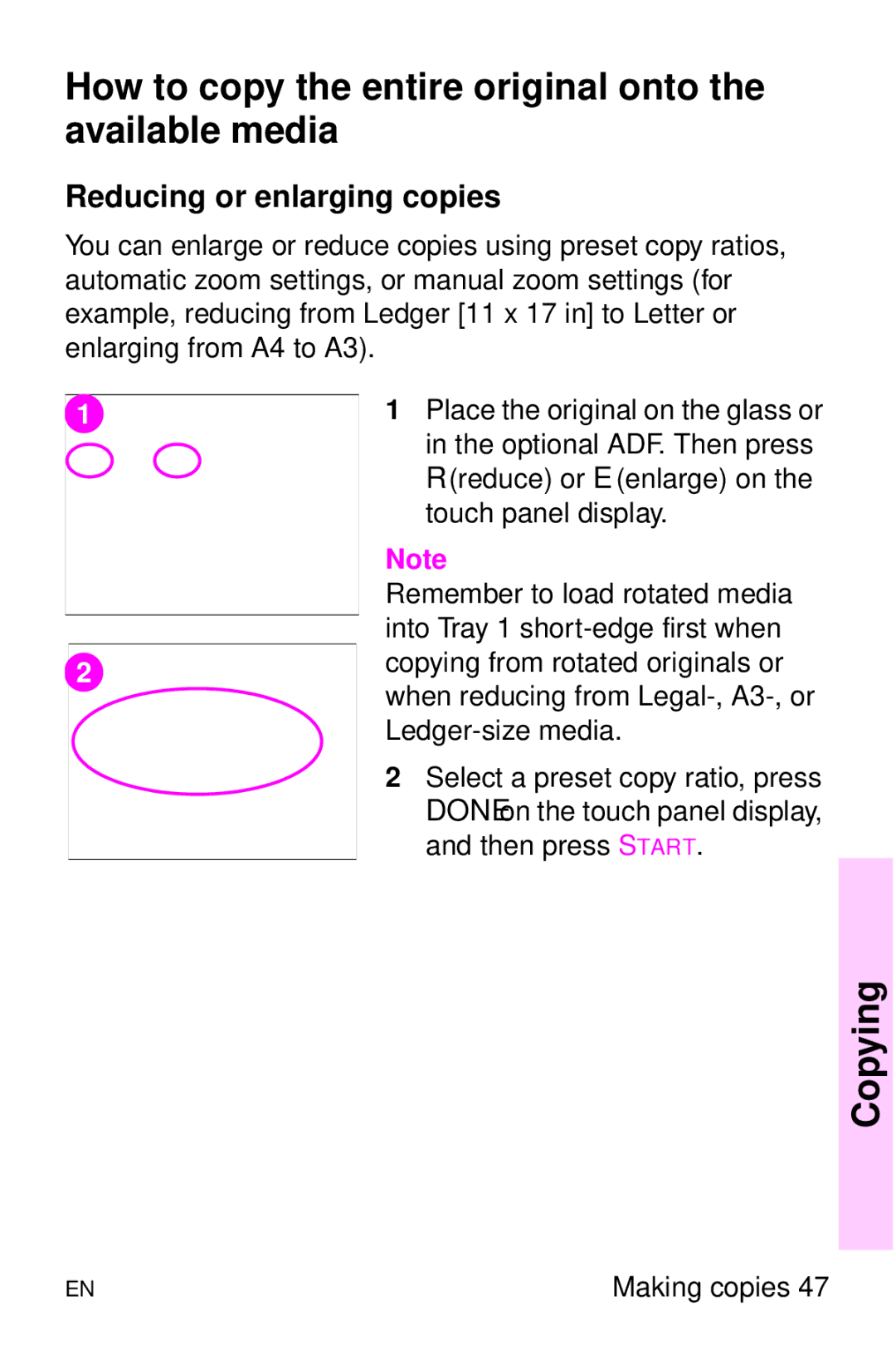 HP 8000 s manual How to copy the entire original onto the available media, Reducing or enlarging copies 