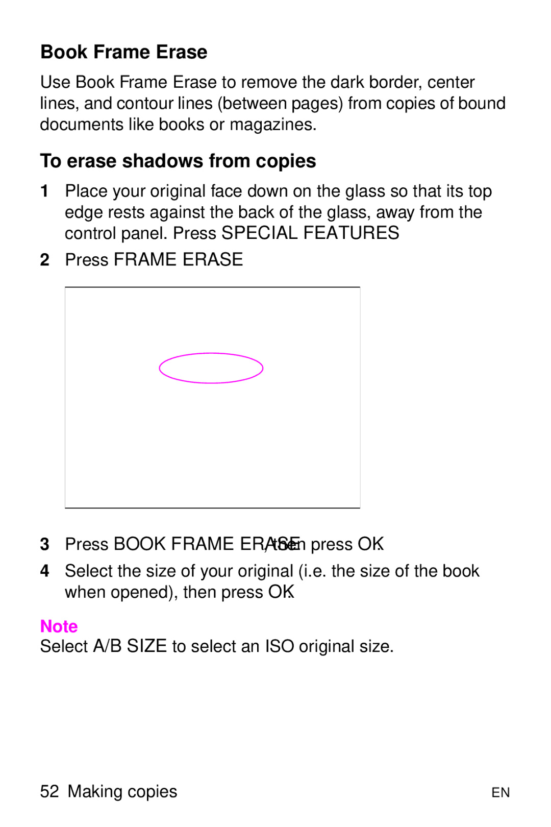 HP 8000 s manual Book Frame Erase, To erase shadows from copies 