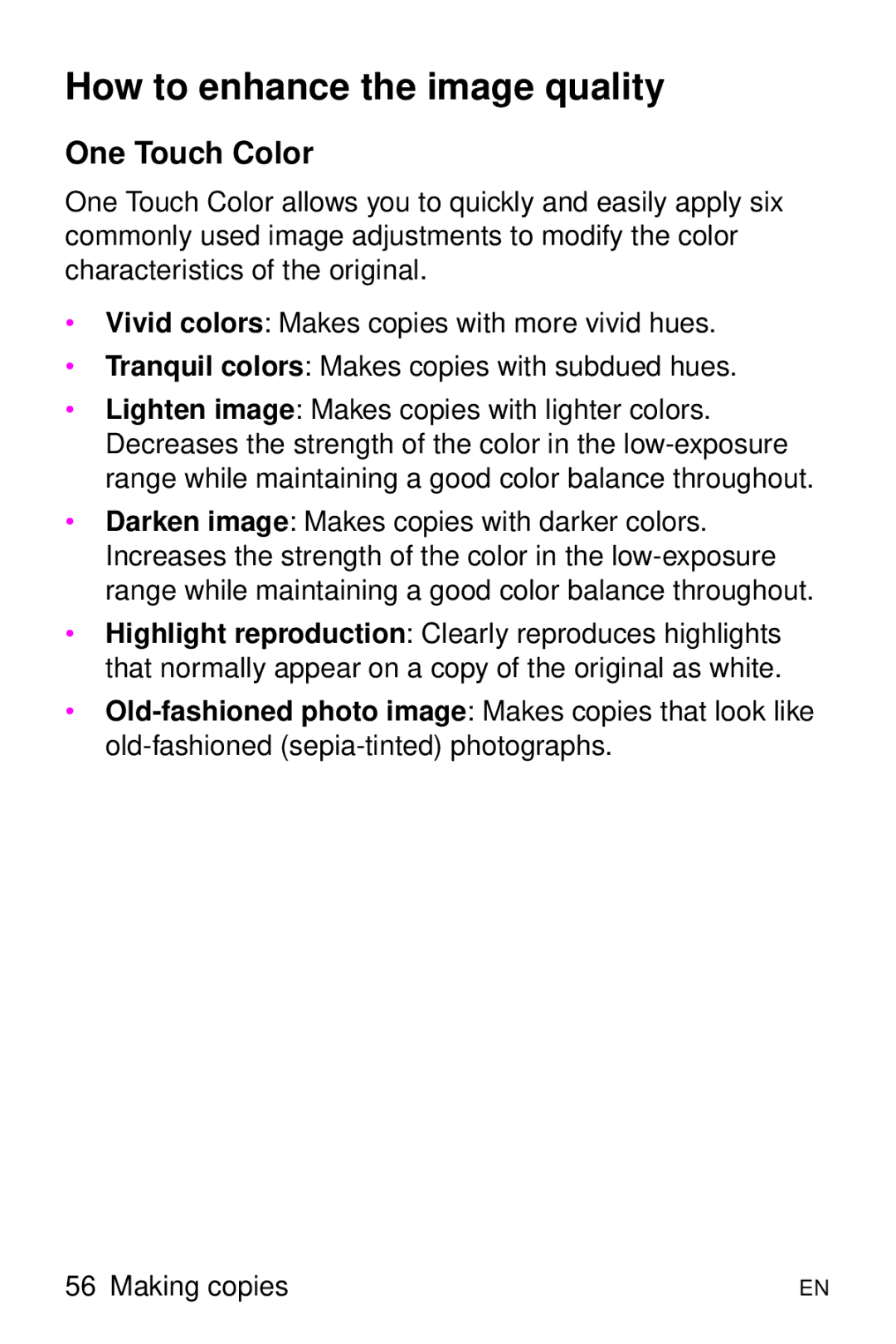 HP 8000 s manual How to enhance the image quality, One Touch Color 