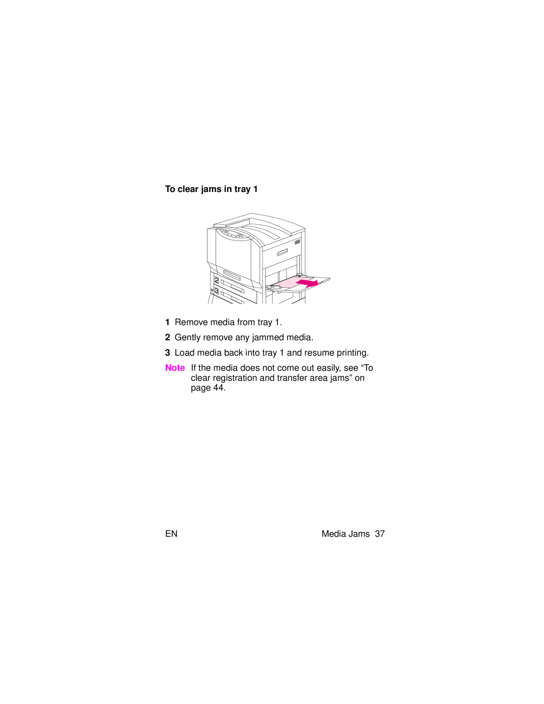 HP 8000 s manual To clear jams in tray, Remove media from tray 2 Gently remove any jammed media, Media Jams 