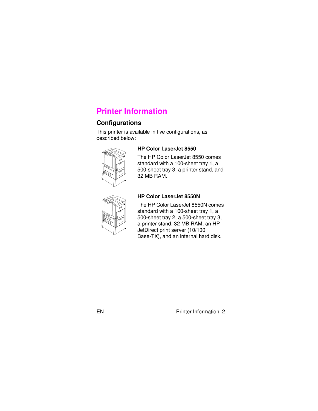 HP 8000 s manual Printer Information, Configurations, HP Color LaserJet 8550N 