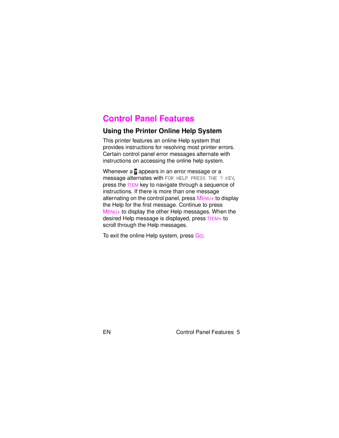 HP 8000 s manual Control Panel Features, Using the Printer Online Help System 
