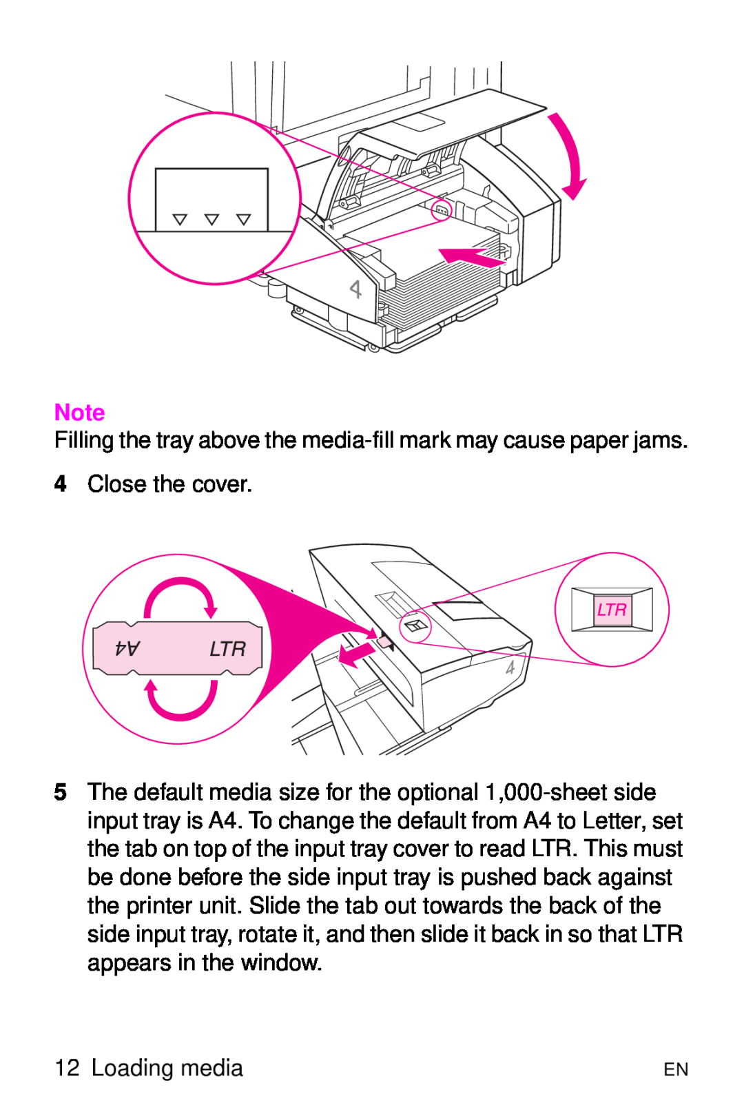 HP 8000 s manual Filling the tray above the media-fill mark may cause paper jams 