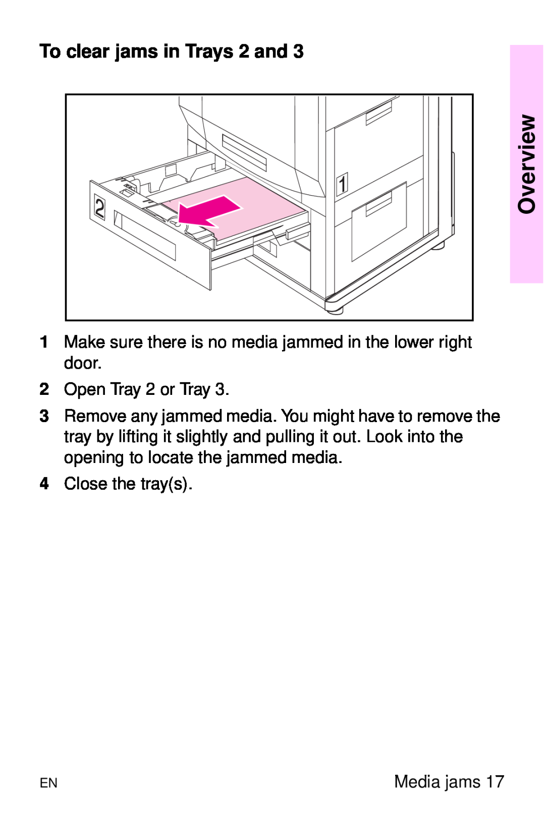 HP 8000 s manual To clear jams in Trays 2 and, Overview, Make sure there is no media jammed in the lower right door 