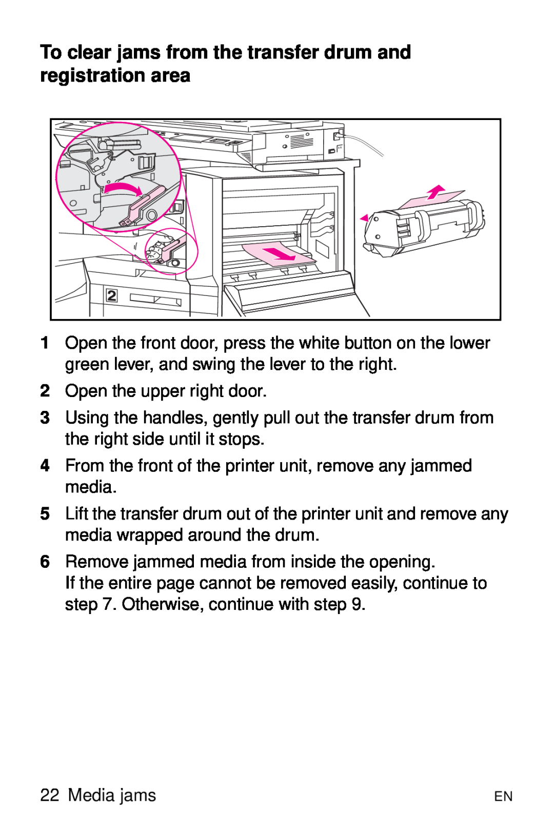 HP 8000 s manual To clear jams from the transfer drum and registration area 