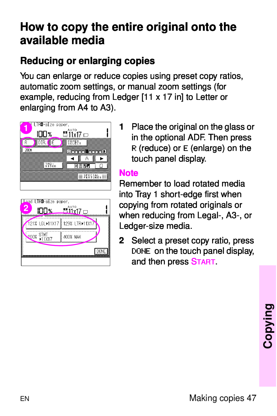 HP 8000 s manual How to copy the entire original onto the available media, Reducing or enlarging copies, Copying 