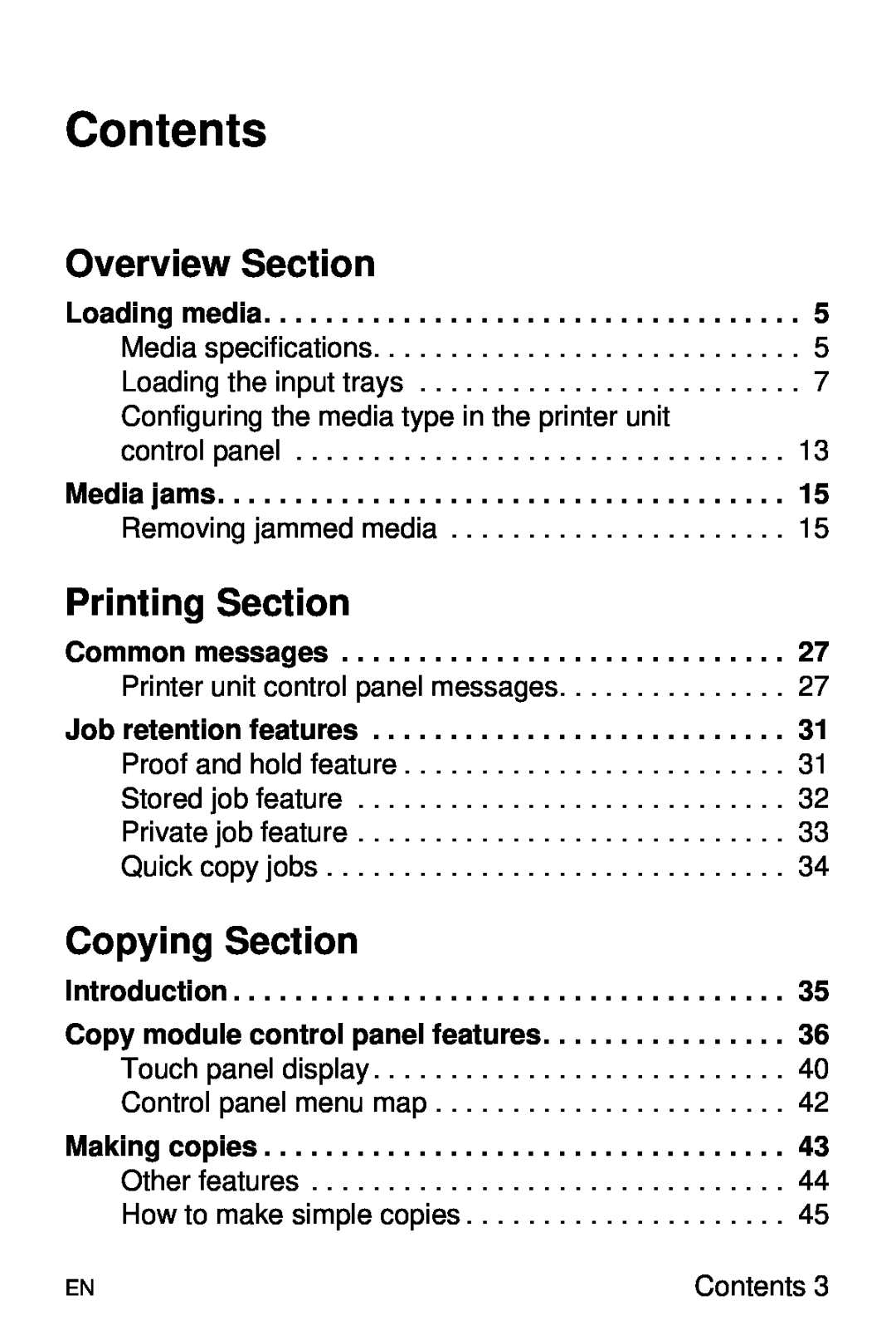 HP 8000 s Overview Section, Printing Section, Copying Section, Loading media, Media jams, Common messages, Making copies 