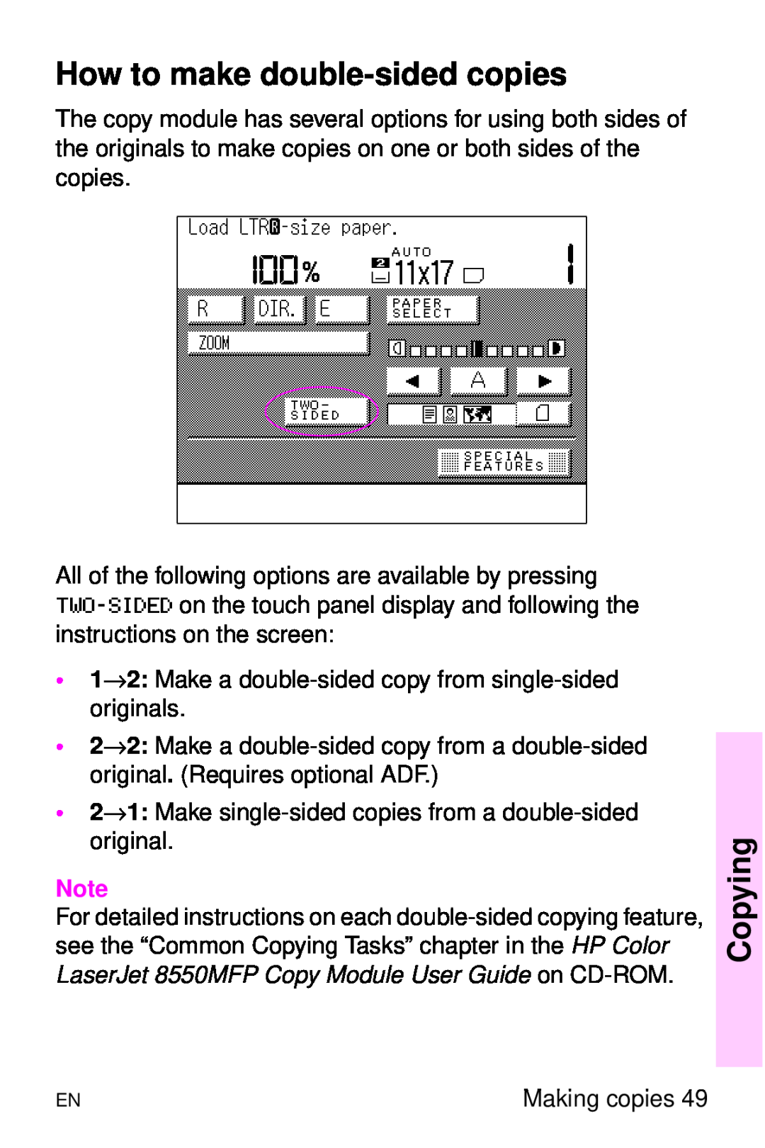 HP 8000 s manual How to make double-sided copies, Copying, 1→2 Make a double-sided copy from single-sided originals 