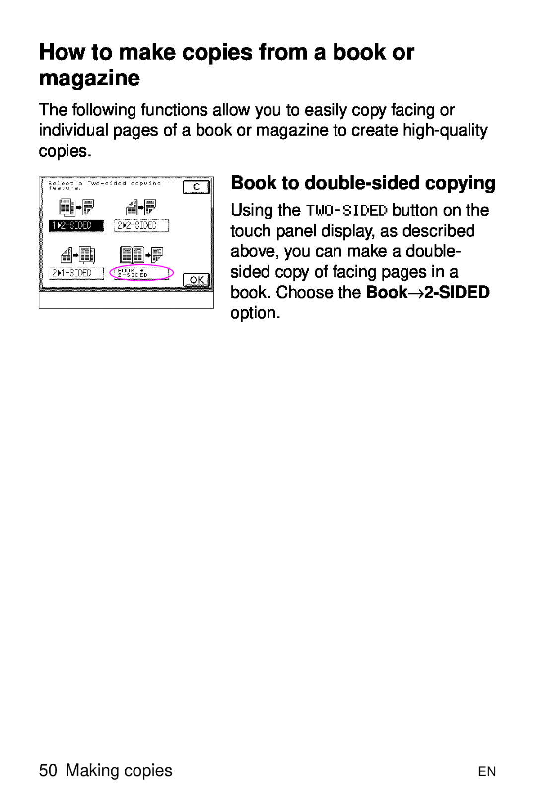HP 8000 s manual How to make copies from a book or magazine, Book to double-sided copying 