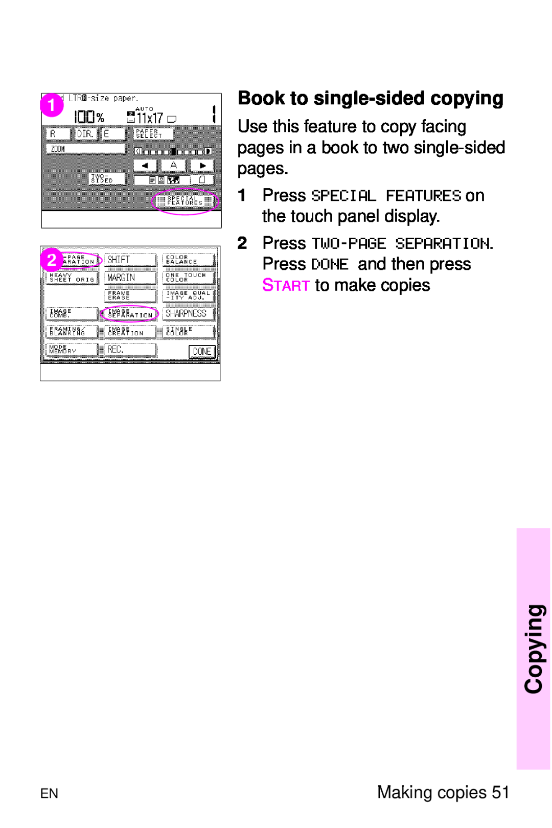 HP 8000 s manual Book to single-sided copying, Copying 