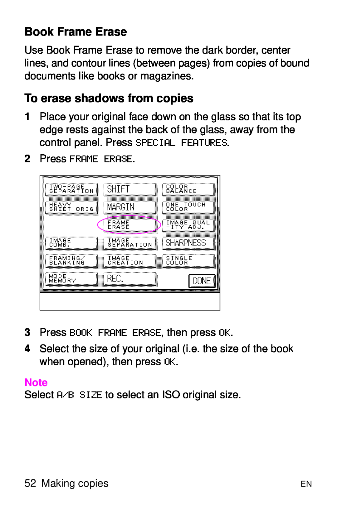 HP 8000 s manual Book Frame Erase, To erase shadows from copies, Press FRAME ERASE 