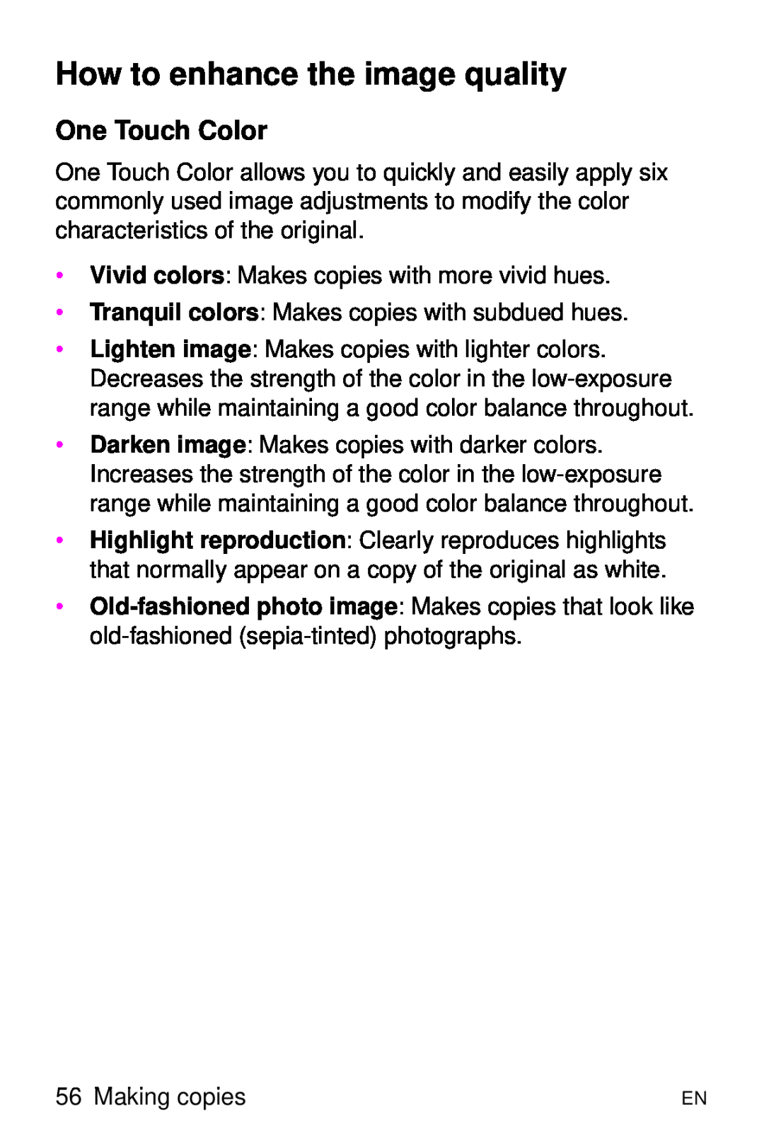 HP 8000 s manual How to enhance the image quality, One Touch Color 