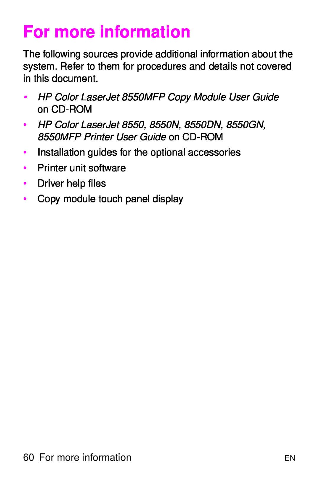 HP 8000 s manual For more information, HP Color LaserJet 8550MFP Copy Module User Guide on CD-ROM 