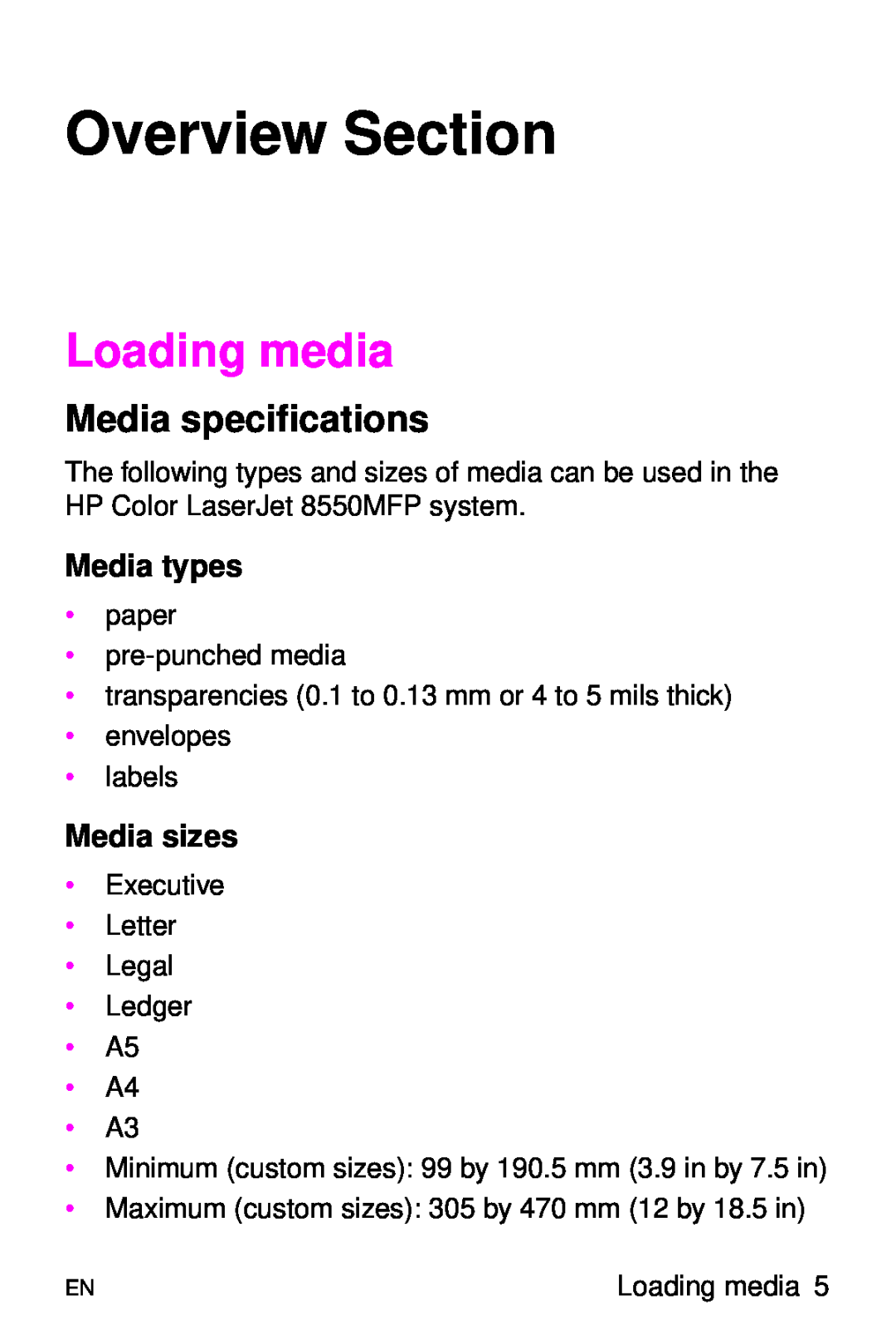 HP 8000 s manual Overview Section, Loading media, Media specifications, Media types, Media sizes 