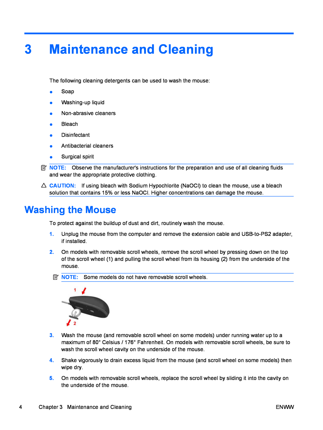 HP 8000 tower manual Maintenance and Cleaning, Washing the Mouse 