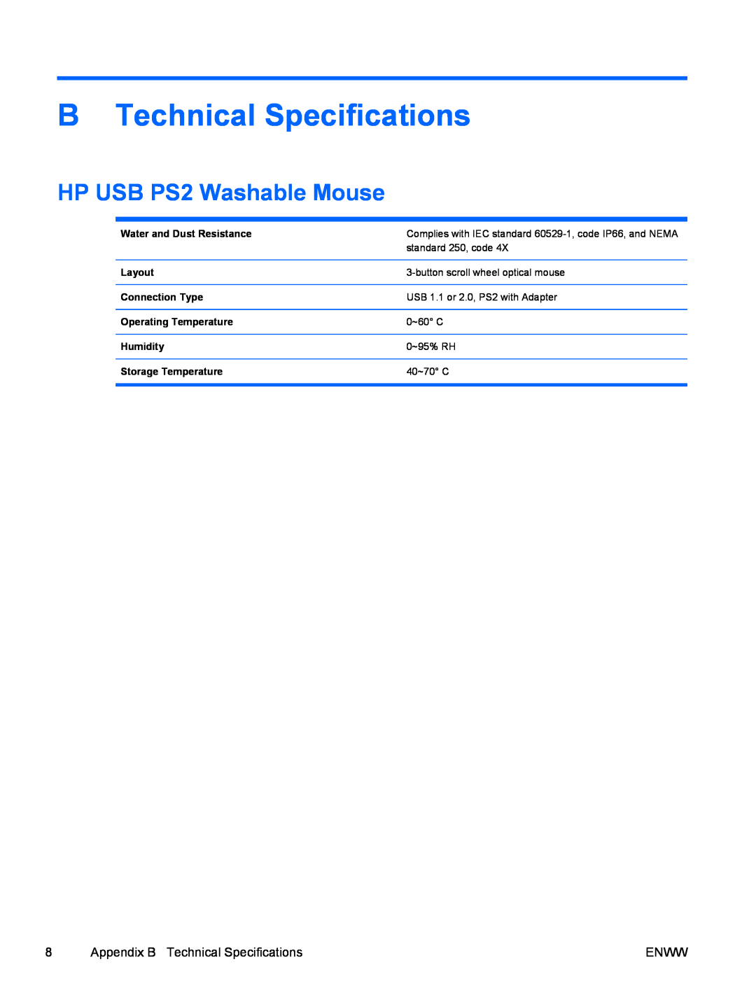HP 8000 tower B Technical Specifications, HP USB PS2 Washable Mouse, Water and Dust Resistance, Layout, Connection Type 