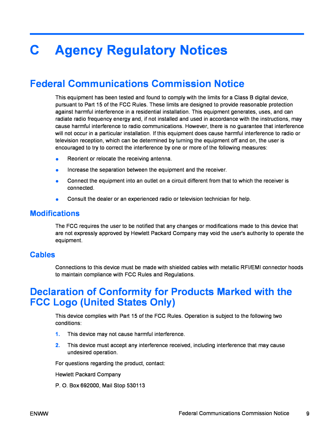 HP 8000 tower manual C Agency Regulatory Notices, Federal Communications Commission Notice, Modifications, Cables 