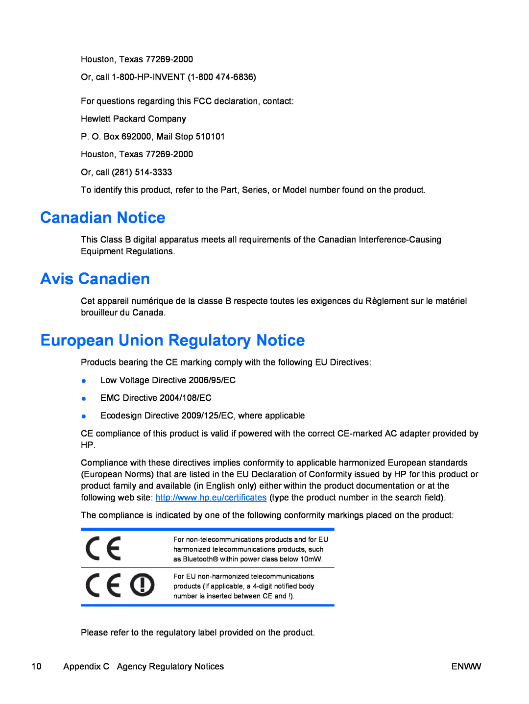 HP 8000 tower manual Canadian Notice, Avis Canadien, European Union Regulatory Notice 