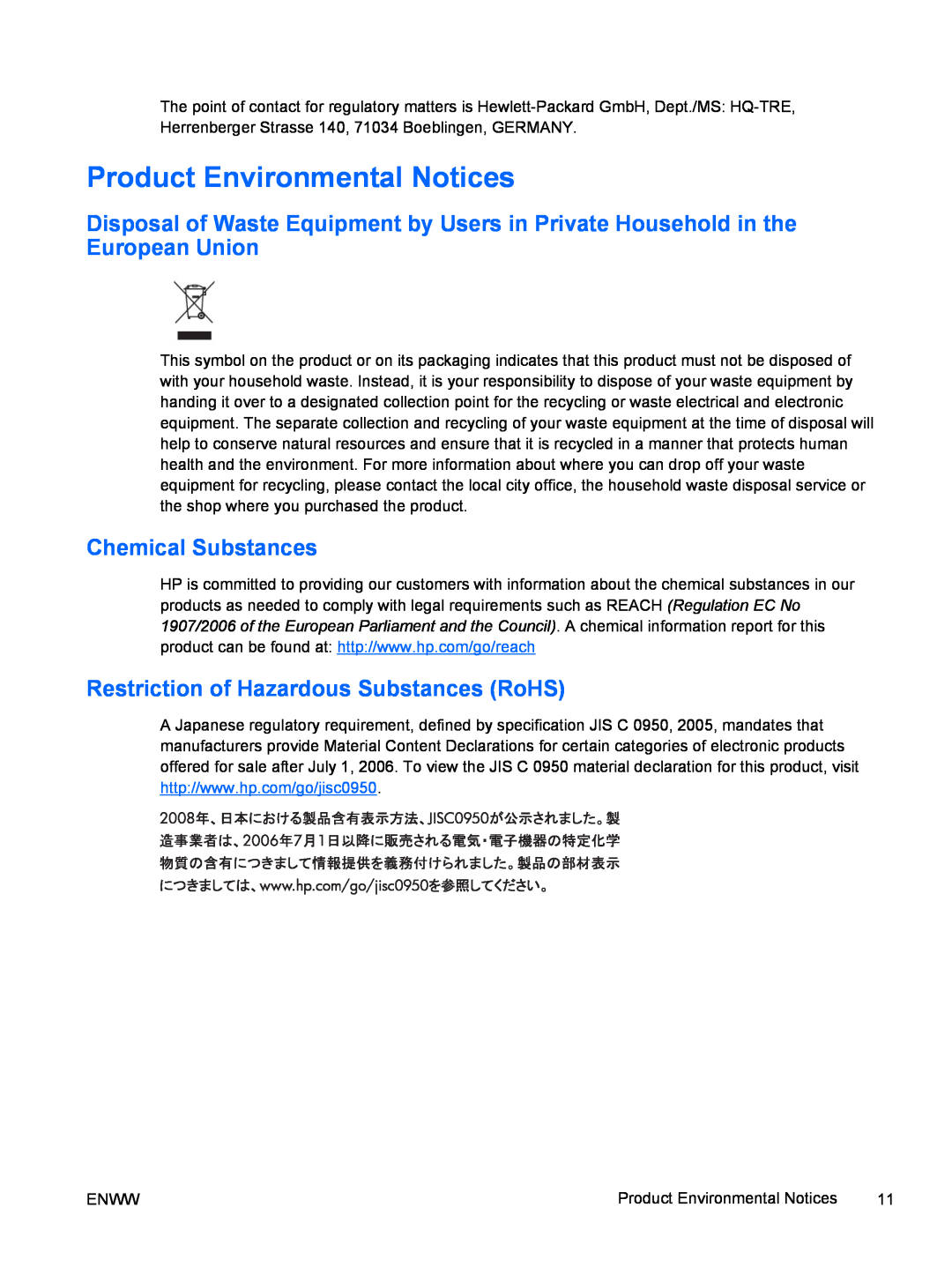 HP 8000 tower manual Product Environmental Notices, Chemical Substances, Restriction of Hazardous Substances RoHS 