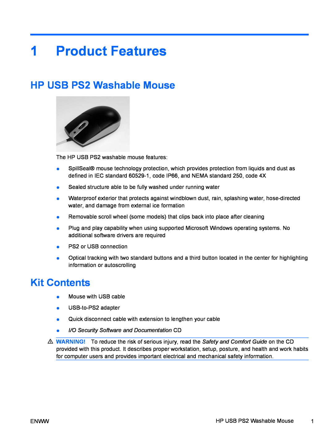 HP 8000 tower manual Product Features, HP USB PS2 Washable Mouse, Kit Contents, I/O Security Software and Documentation CD 