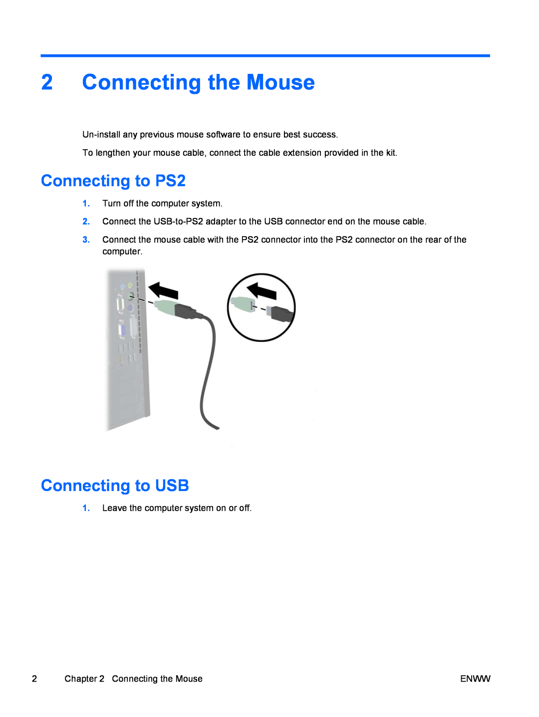 HP 8000 tower manual Connecting the Mouse, Connecting to PS2, Connecting to USB 