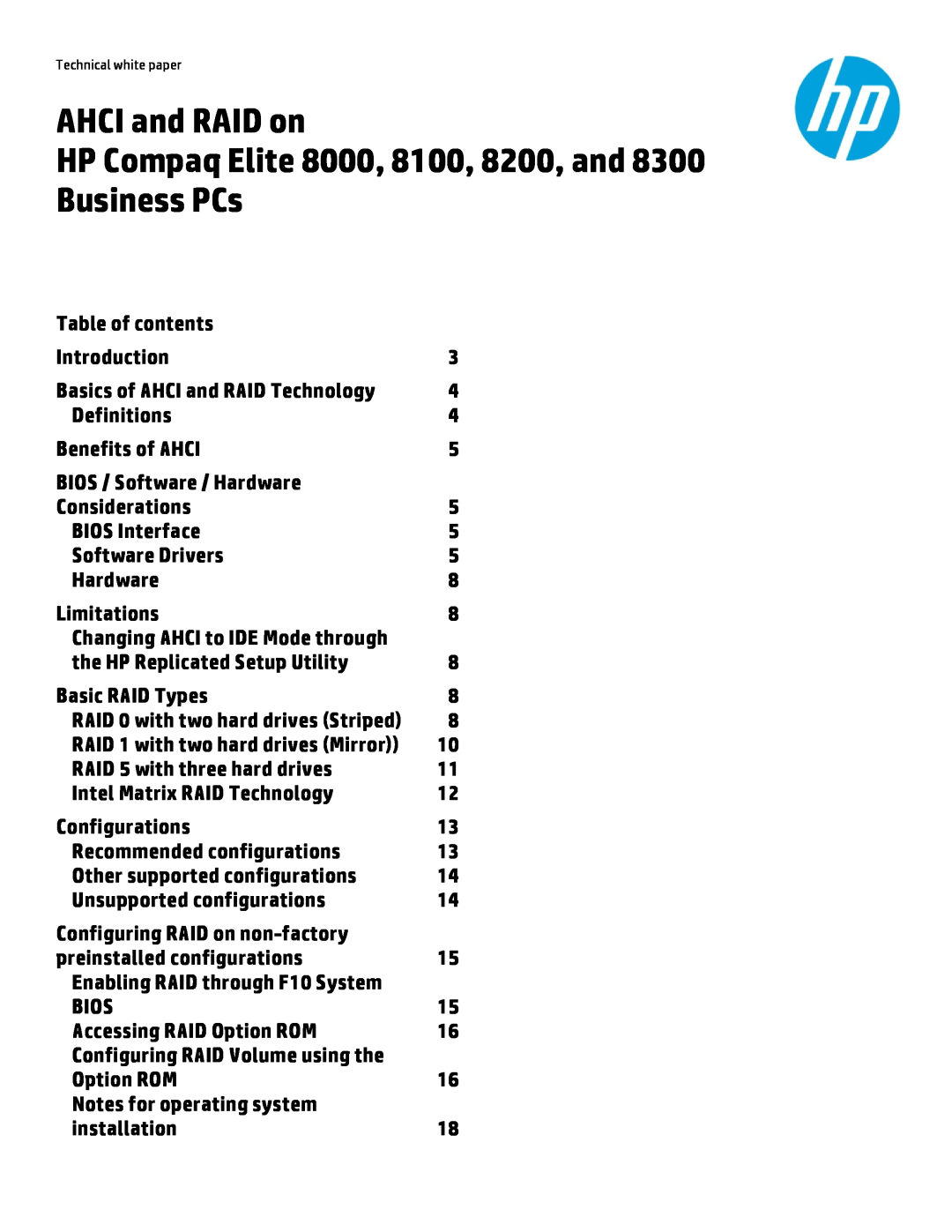 HP 8000 tower manual AHCI and RAID on, HP Compaq Elite 8000, 8100, 8200, and 8300 Business PCs 