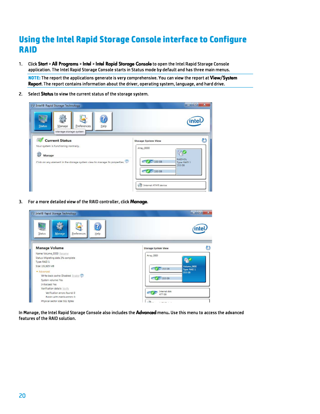 HP 8000 tower manual Using the Intel Rapid Storage Console interface to Configure RAID 