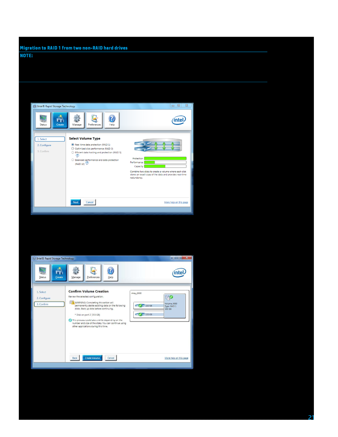 HP 8000 tower manual RAID migrations using Intel Rapid Storage Console, Migration to RAID 1 from two non-RAID hard drives 