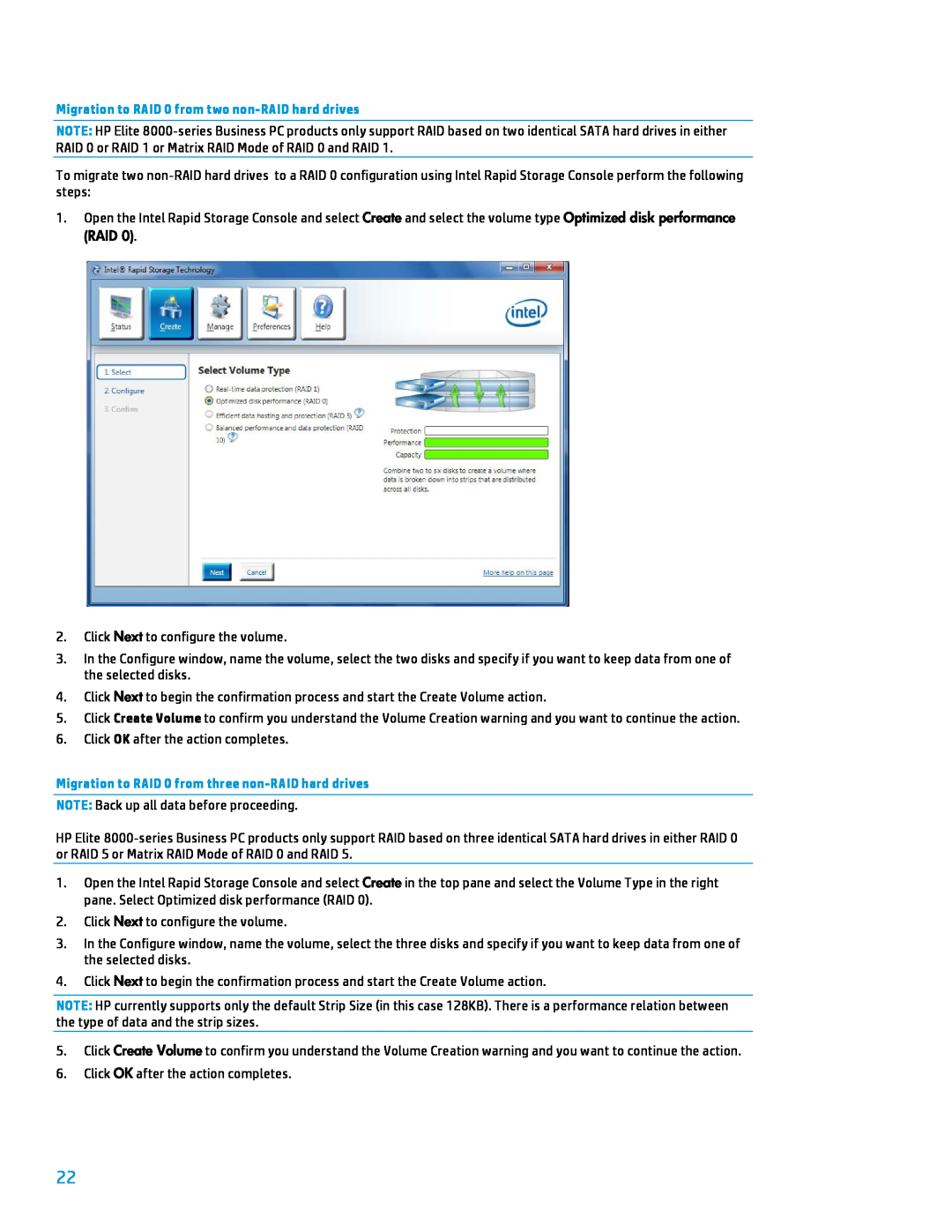 HP 8000 tower manual Migration to RAID 0 from two non-RAID hard drives, Migration to RAID 0 from three non-RAID hard drives 