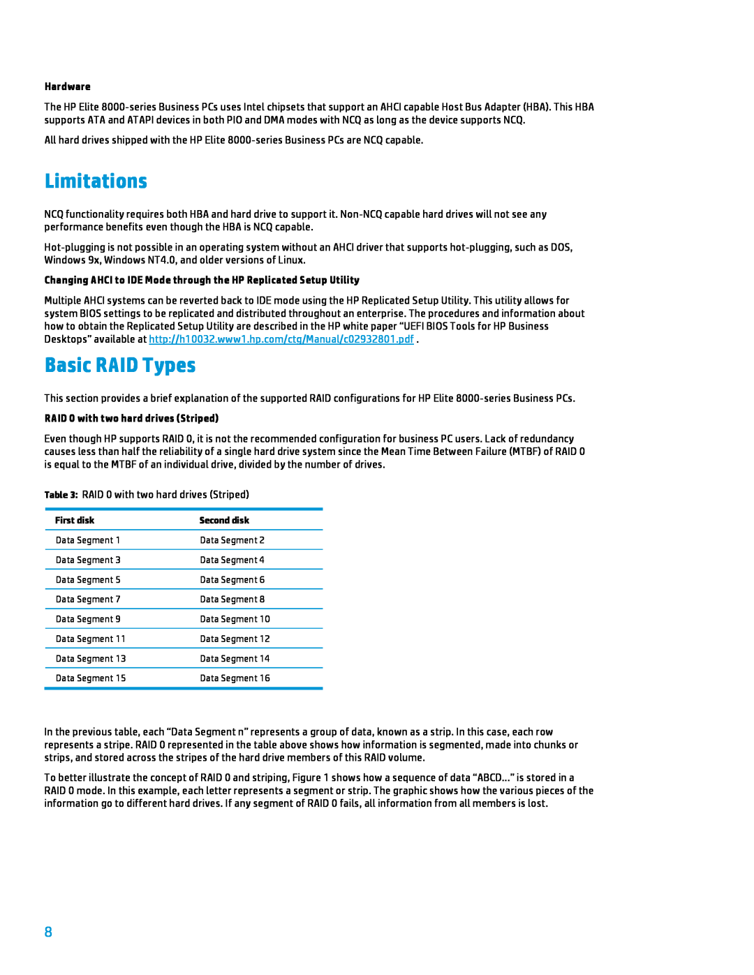 HP 8000 tower Limitations, Basic RAID Types, Hardware, Changing AHCI to IDE Mode through the HP Replicated Setup Utility 