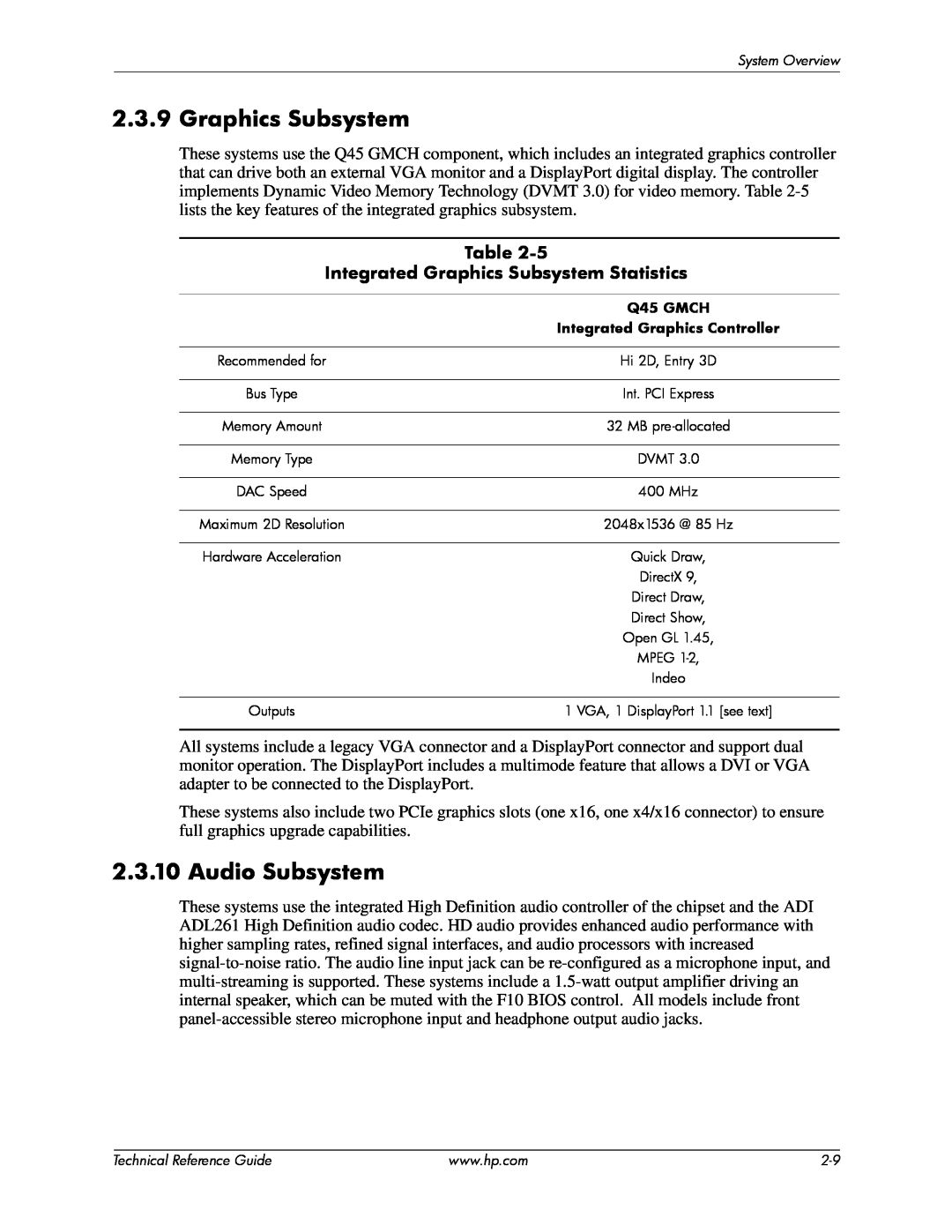 HP 8000 tower manual Audio Subsystem, Integrated Graphics Subsystem Statistics 
