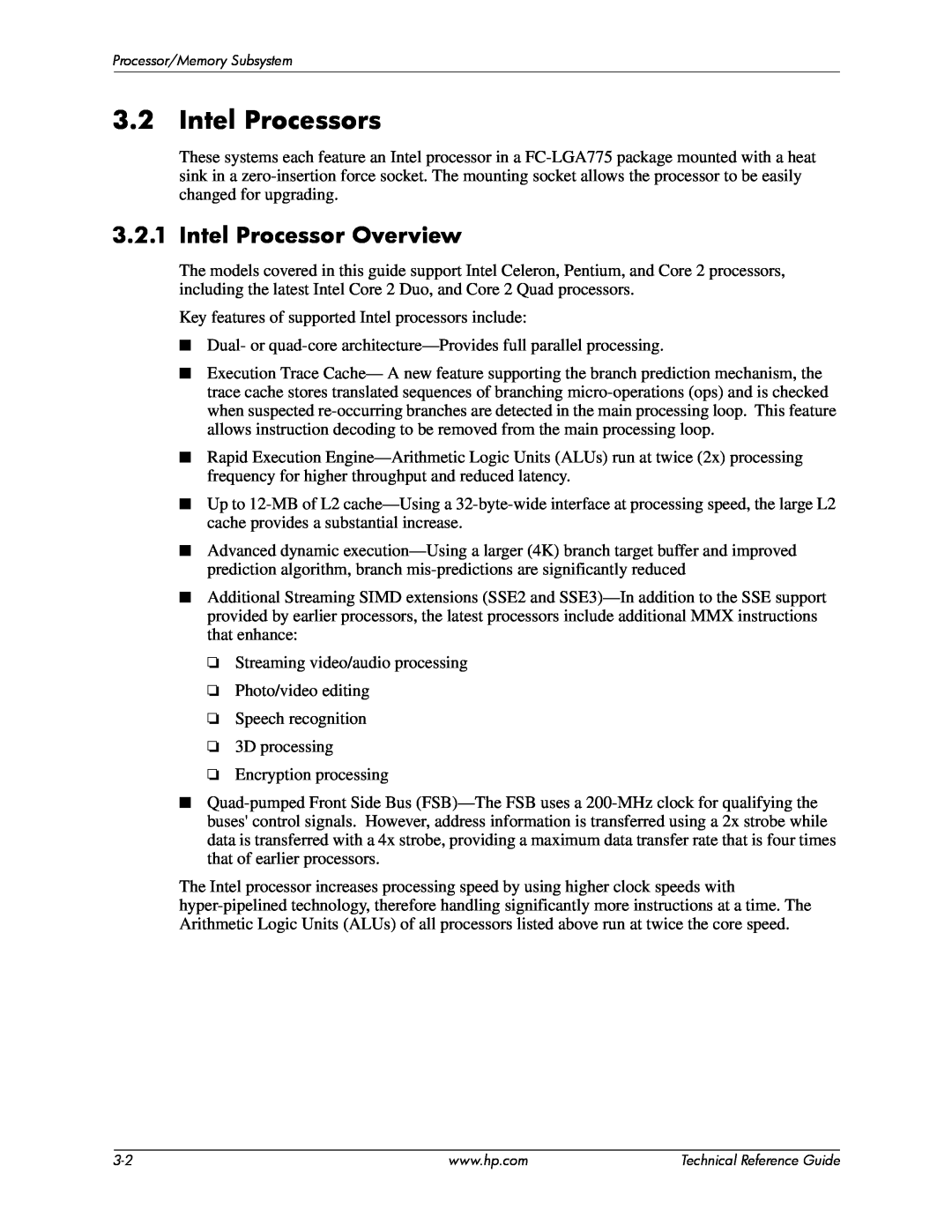 HP 8000 tower manual Intel Processors, Intel Processor Overview 