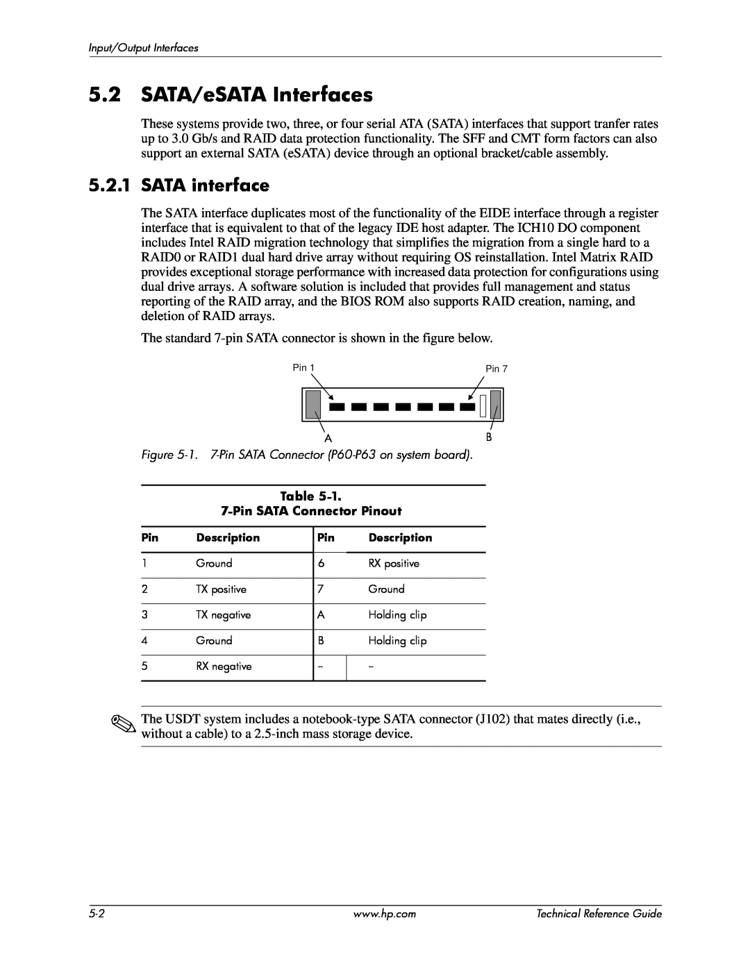 HP 8000 tower manual SATA/eSATA Interfaces, SATA interface 