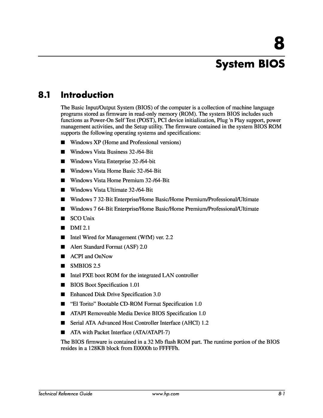 HP 8000 tower manual System BIOS, Introduction 