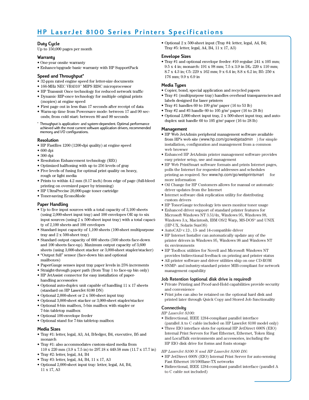 HP 8000 Duty Cycle, Warranty, Speed and Throughput, Resolution, Paper Handling, Media Sizes, Envelope Sizes, Media Types 